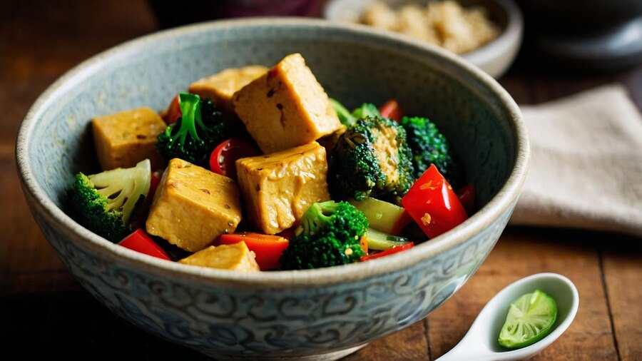 A delightful bowl of mixed stir-fried veggies & tofu with a spoon, designed for a cozy Valentine's Day meal for two.