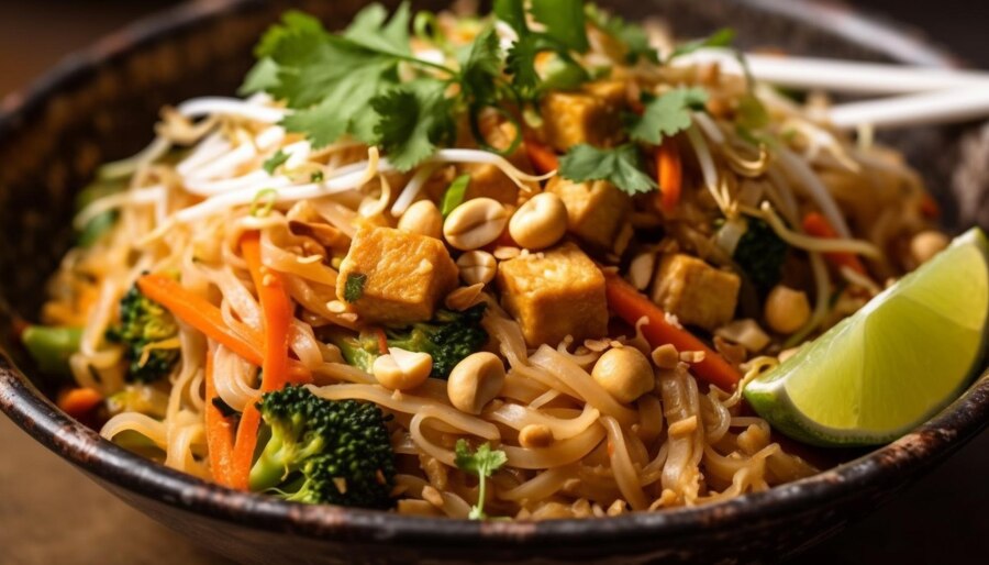 A bowl of pad thai featuring vibrant vegetables and noodles, showcasing an easy vegan Thai peanut noodles recipe.