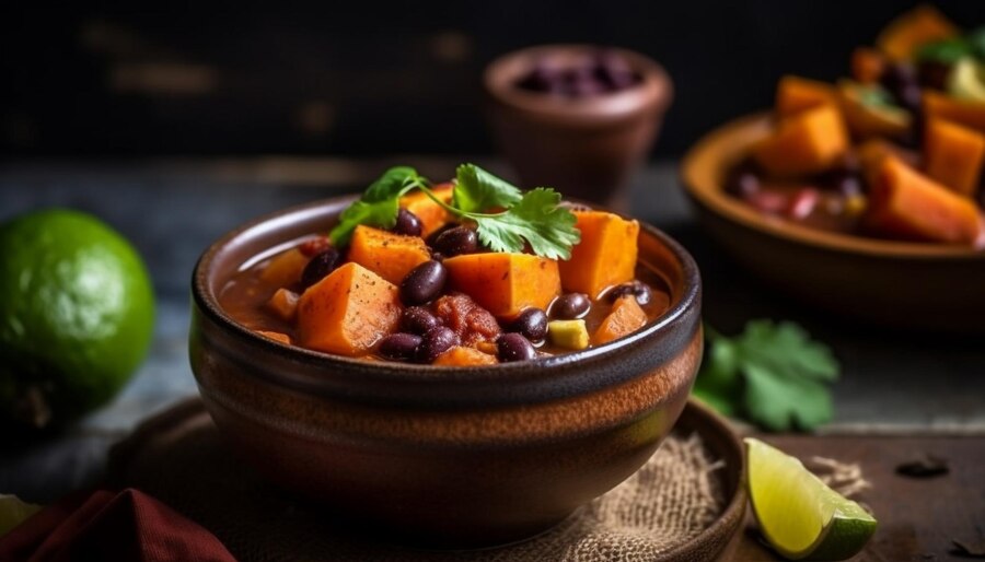 A hearty bowl of vegan sweet potato and black bean chili, garnished with fresh herbs and served with a side of bread.