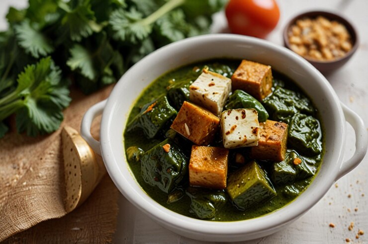 Easy Saag Tofu recipe showcasing Indian spinach curry, perfect for a romantic Valentine's evening.