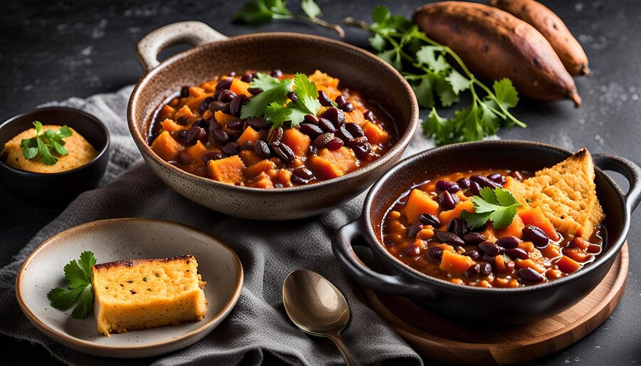 A bowl of vegan sweet potato and black bean chili served with a side of cornbread, showcasing vibrant colors and textures.