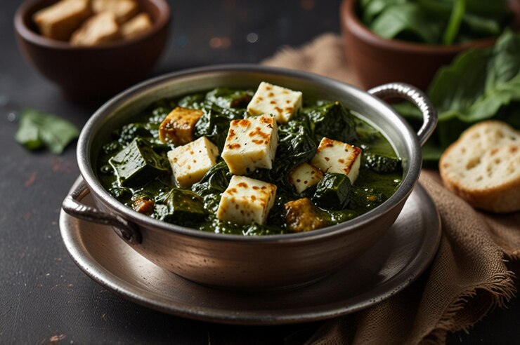 A delicious saag tofu Indian spinach and paneer curry, ideal for a cozy Valentine's night dinner.