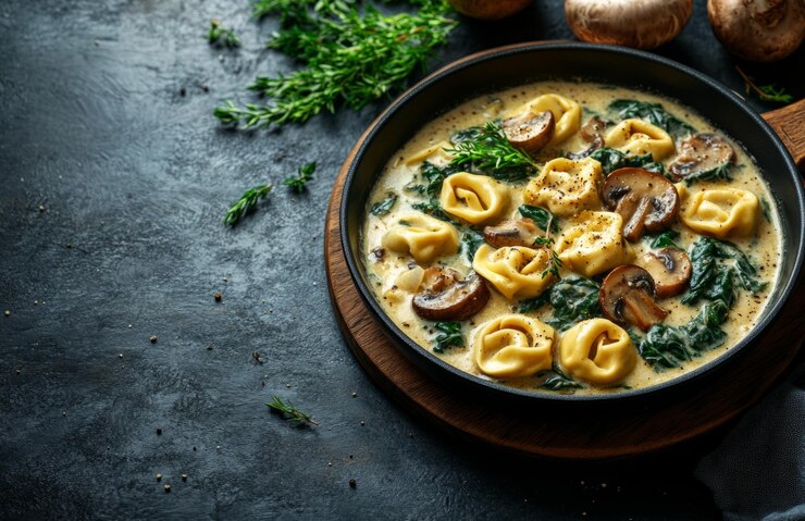 Creamy vegan tortellini soup with mushrooms and spinach simmering in a pan, perfect for a romantic Valentine's Day meal.