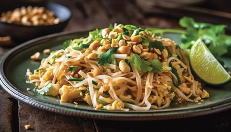 A vibrant plate of pad thai noodles topped with crushed peanuts and lime, showcasing a delicious vegan dish.