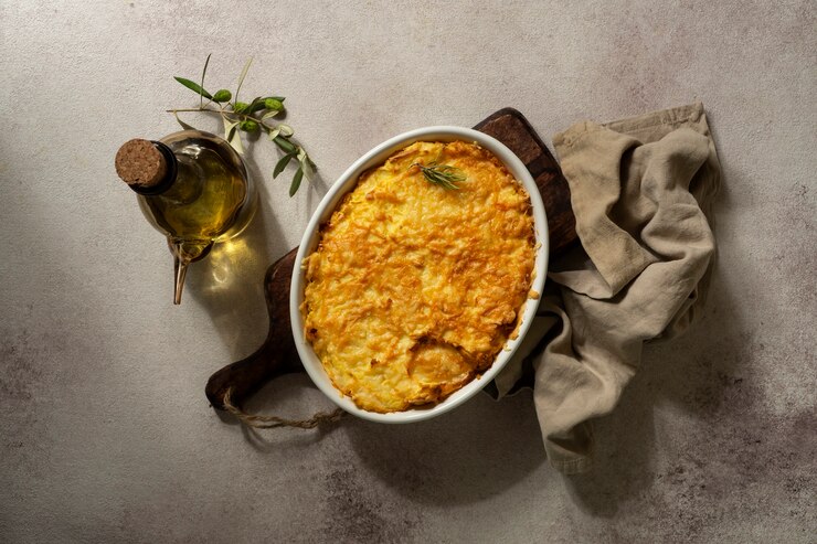  A top view of a casserole dish filled with olive oil and herbs, set on a table, showcasing a vegan shepherd's pie recipe.
