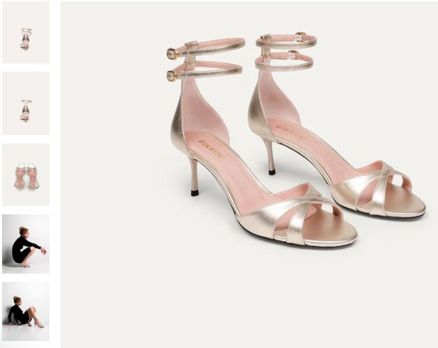 A display of Bikkou's vegan strappy heels in various colors and poses, showcasing their summer lunch appeal.