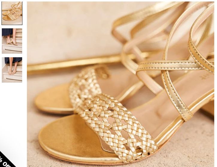 Gold heeled sandals with straps, showcasing Nymphea Vegan Leather design by Minuit sur Terre.