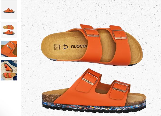 An orange sandal with two straps, featuring a cork buckle, from Nuo Recycled Flipflop & Cork Buckled Sandals by Nuoceans.
