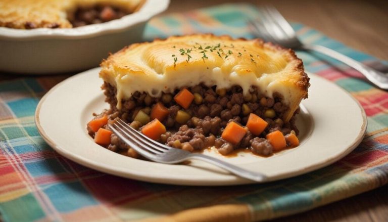 A plate of vegan shepherd's pie with a fork, showcasing a hearty and comforting meal option.