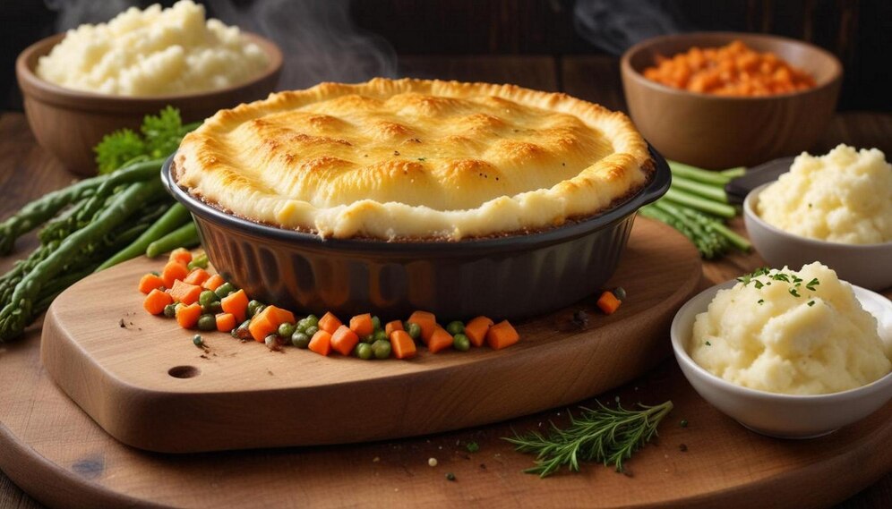 A vegan shepherd's pie featuring vegetables and potatoes, beautifully presented on a rustic wooden board.