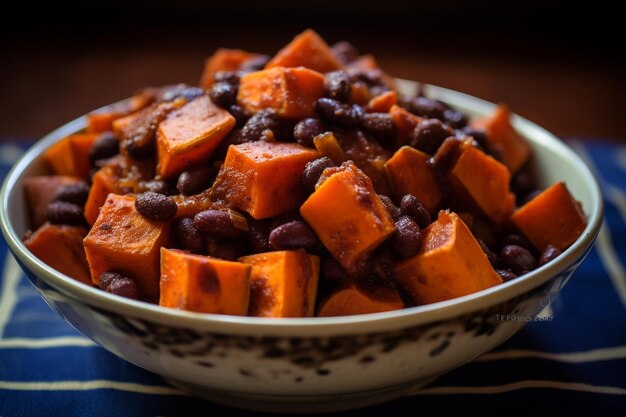A vibrant bowl of vegan sweet potato and black bean chili, showcasing a blend of ingredients and spices.