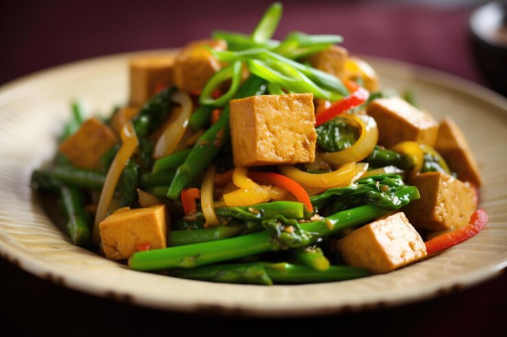 A romantic dish of stir-fried veggies & tofu on a plate, with a spoon, designed for a special Valentine's celebration.
