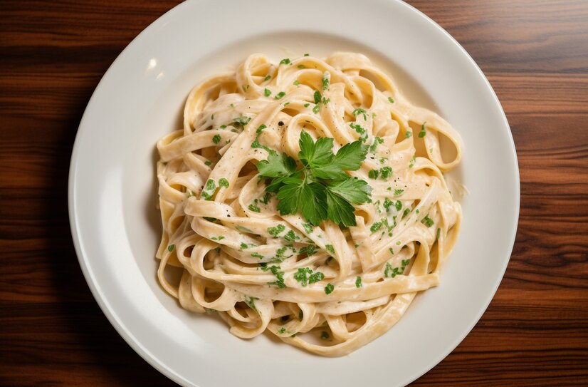 Creamy vegan Alfredo fettuccine served on a white plate, perfect for a romantic Valentine's Day dinner.