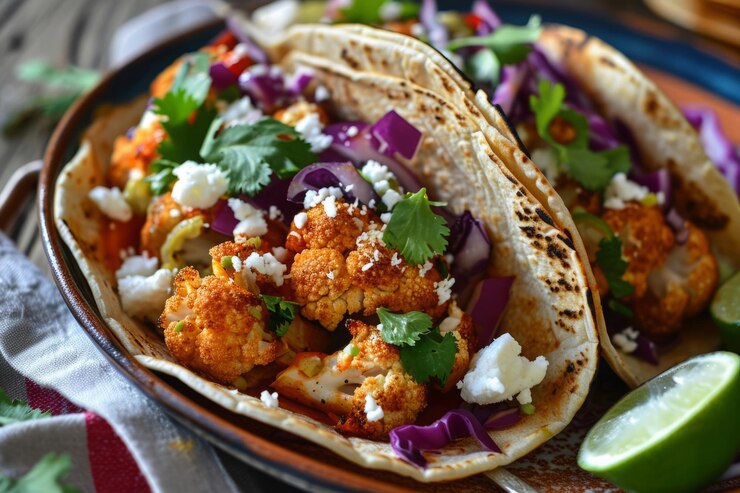 Two vibrant tacos with cauliflower and cheese, artfully arranged on a plate, representing a vegan culinary delight.