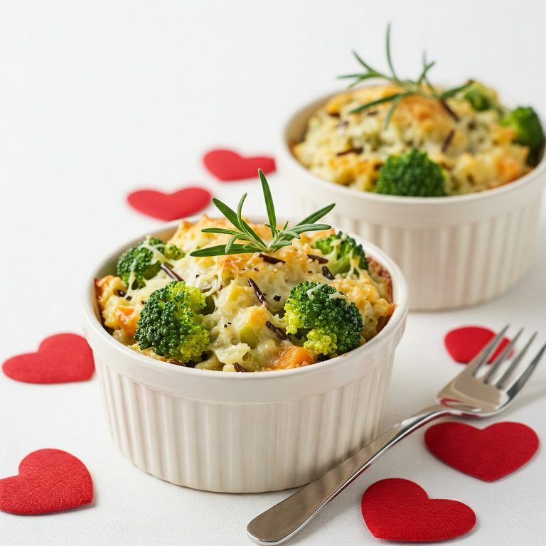 Two bowls of heart-adorned food, featuring the Best Individual Broccoli Wild Rice Casserole for a romantic Valentine's Day.