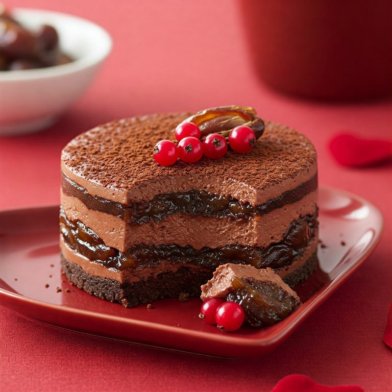 Chocolate Panna Cotta Recipe : Date-Sweetened Valentines A rich Date-Sweetened Chocolate Panna Cotta adorned with cherries, elegantly presented on a vibrant red plate for Valentine's Day celebration.