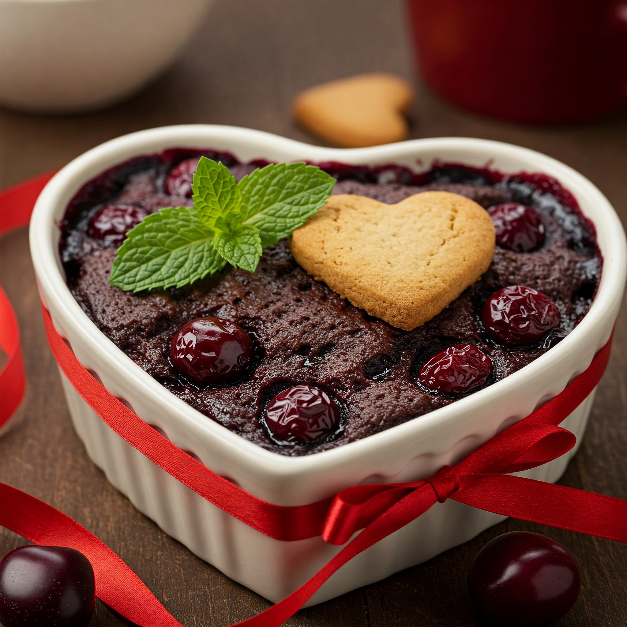 A heart-shaped chocolate cherry vegan cobbler served in a white bowl, perfect for Valentine's Day celebrations.