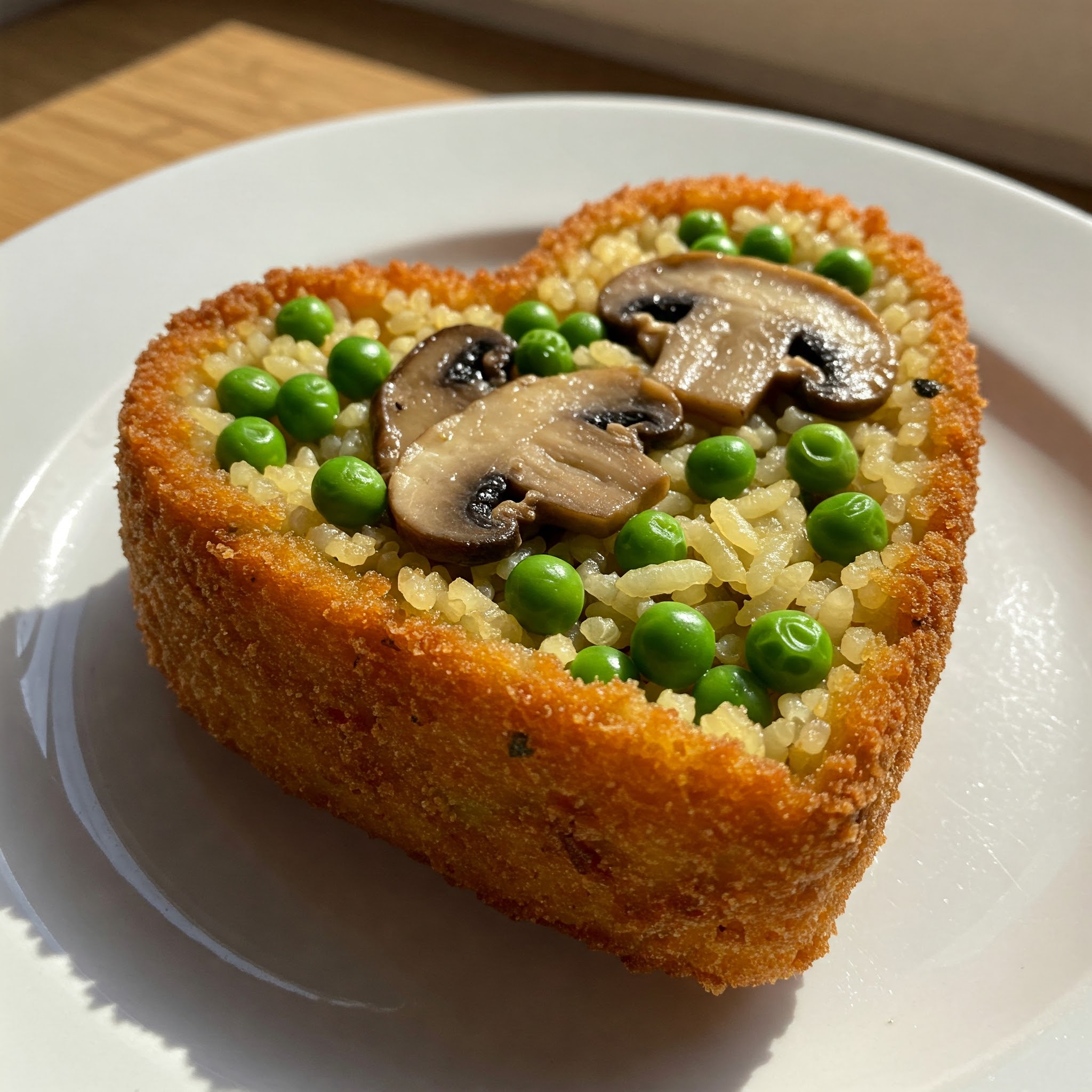 Heart-shaped rice cake filled with mushrooms and peas, perfect for a Valentine's Day treat.