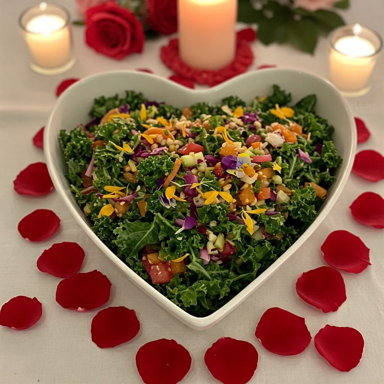 Cornucopia Kale Salad Recipe for Valentine’s Day A heart-shaped bowl filled with Cornucopia Kale Salad, adorned with red roses, perfect for a Valentine's Day meal for two.