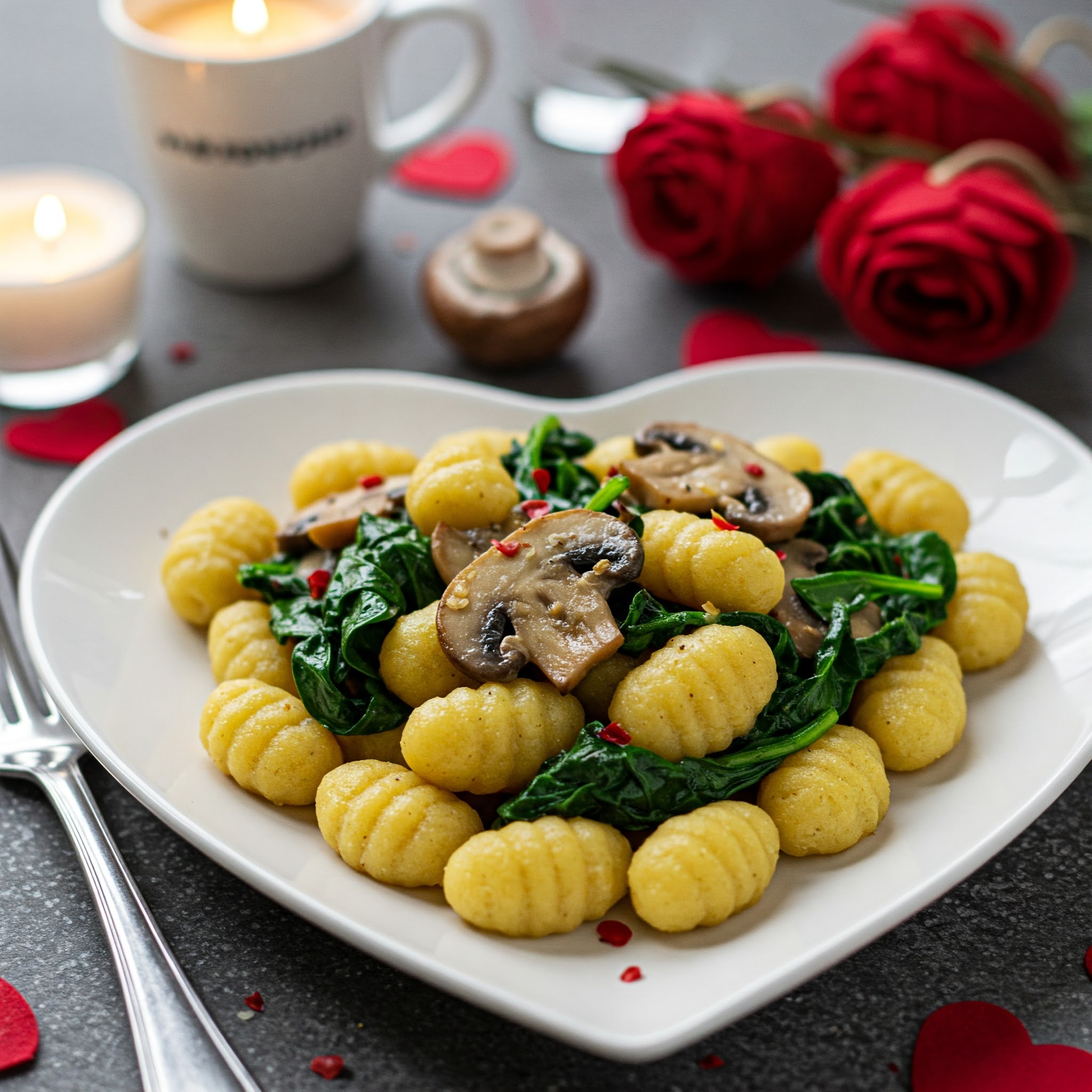 A romantic plate of vegan gnocchi with mushrooms and greens, accompanied by a candle and a rose for Valentine's Day.