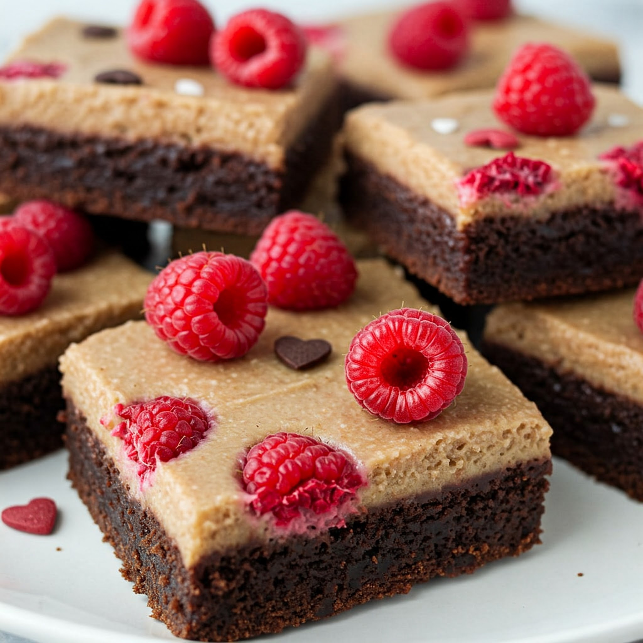 A plate of Valentine's Raspberry Truffle Brownies, rich chocolate brownies topped with fresh raspberries, elegantly presented.
