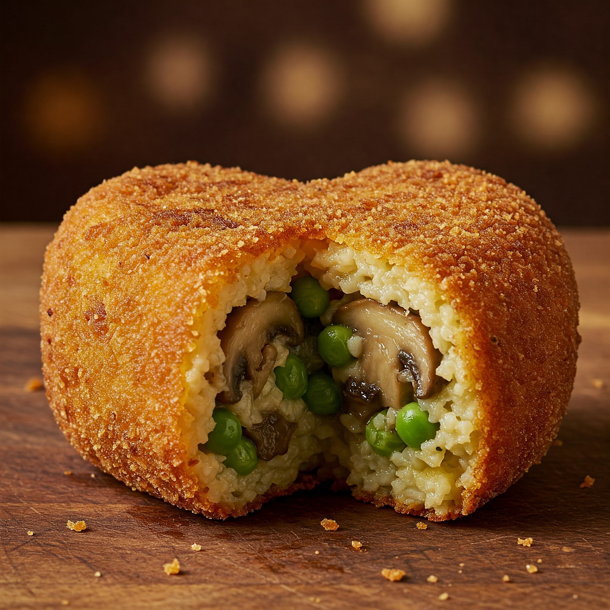 Heart-shaped Sicilian rice balls filled with mushrooms and peas, perfect for a Valentine's Day treat.