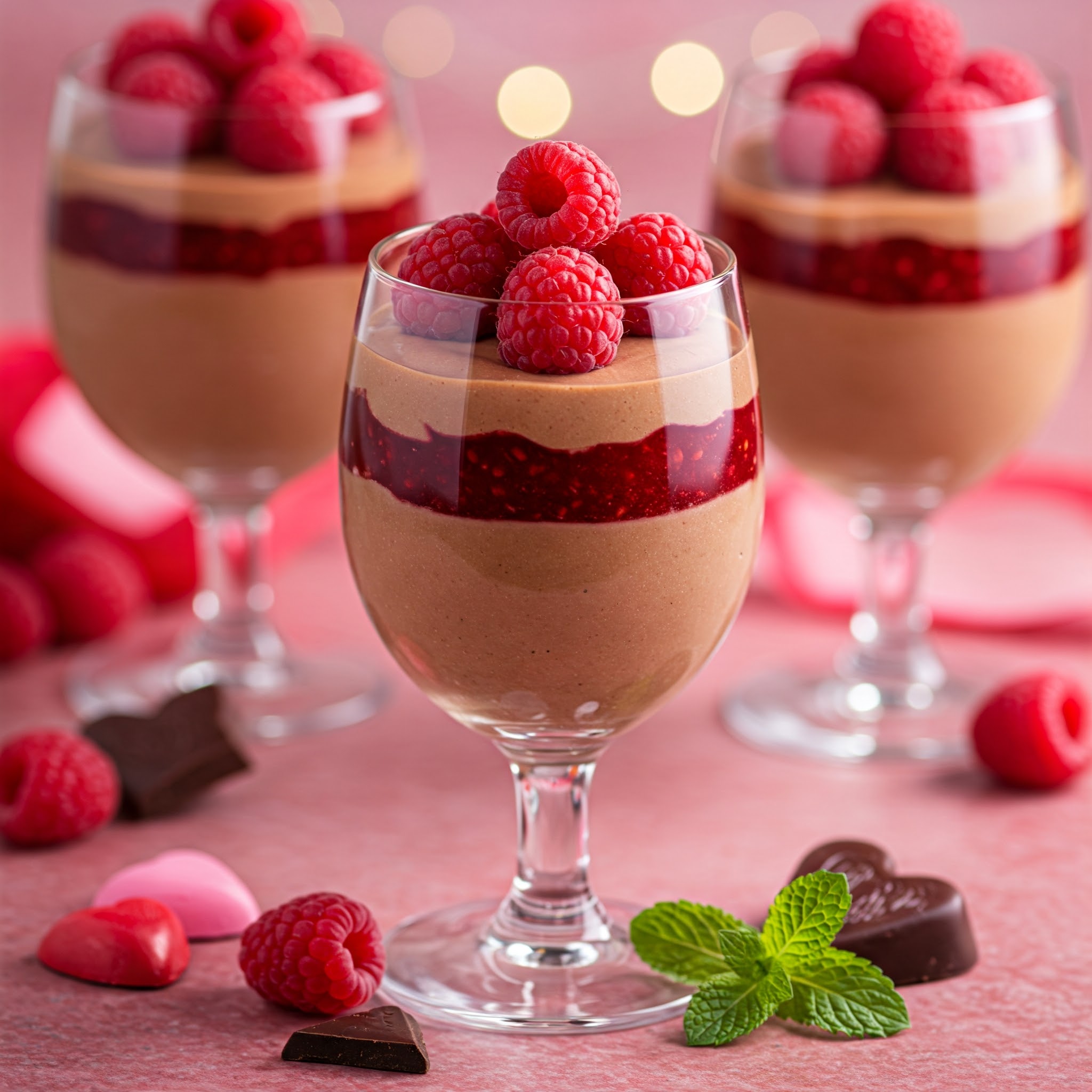 Three elegant glasses of chocolate Raspberry Parfait topped with fresh raspberries, perfect for a Valentine's Day treat.