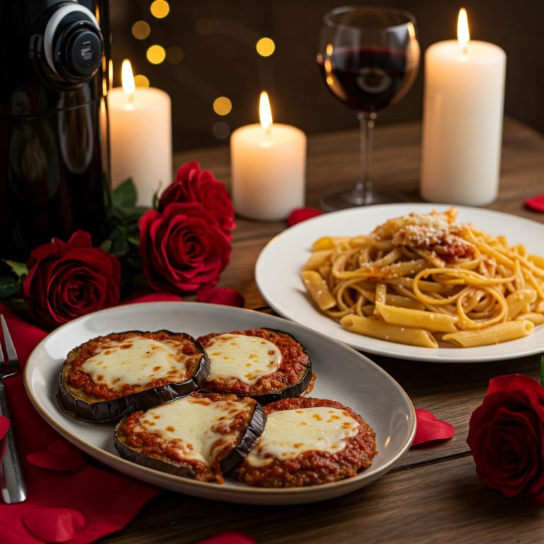 Easy Air Fryer Eggplant Parmesan with Pasta for Valentine’s Day A beautifully set table featuring a plate of Easy Air Fryer Eggplant Parmesan with pasta and a bottle of wine for Valentine's Day.