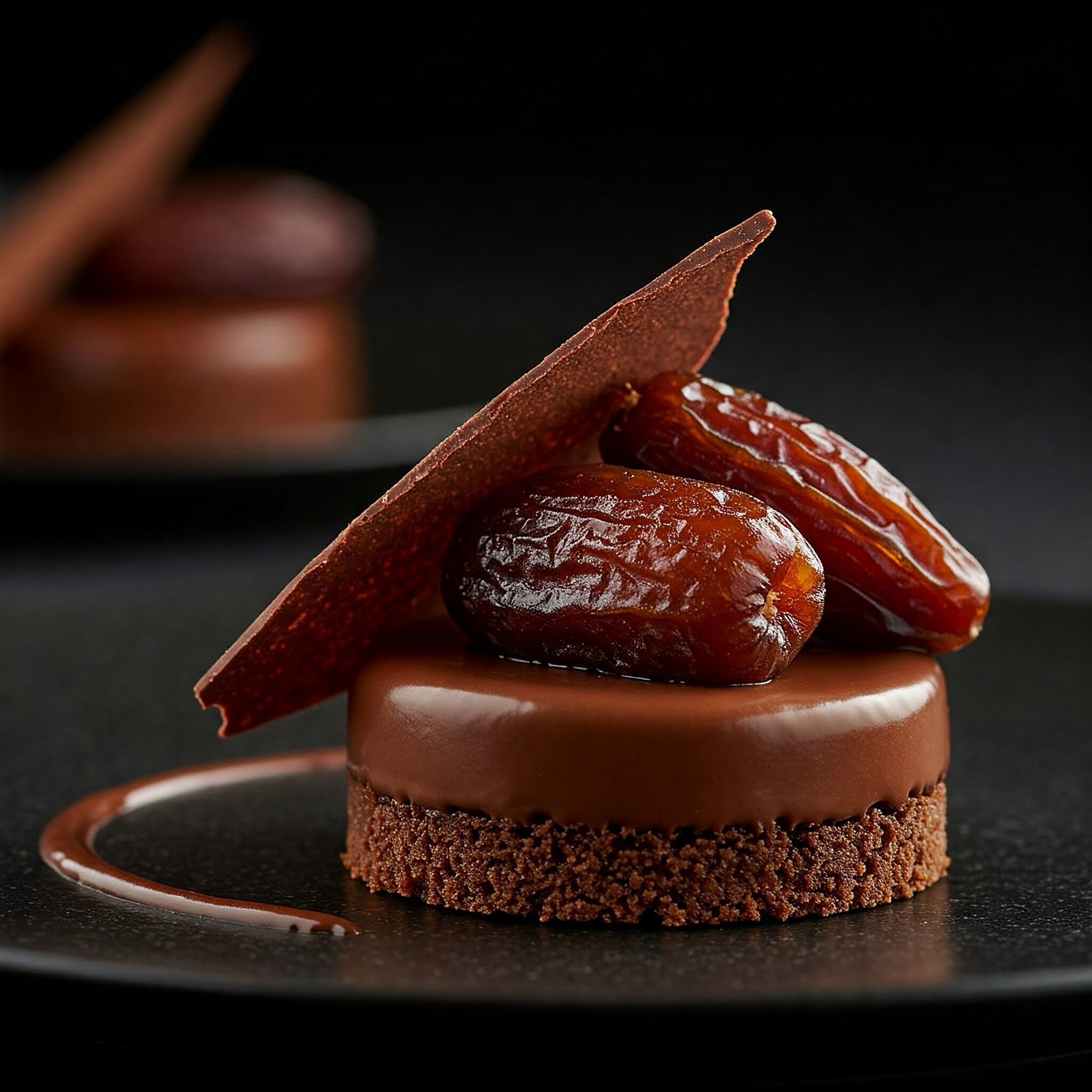Elegant chocolate desserts on black plates, featuring date-sweetened panna cotta for a romantic Valentine's Day treat.