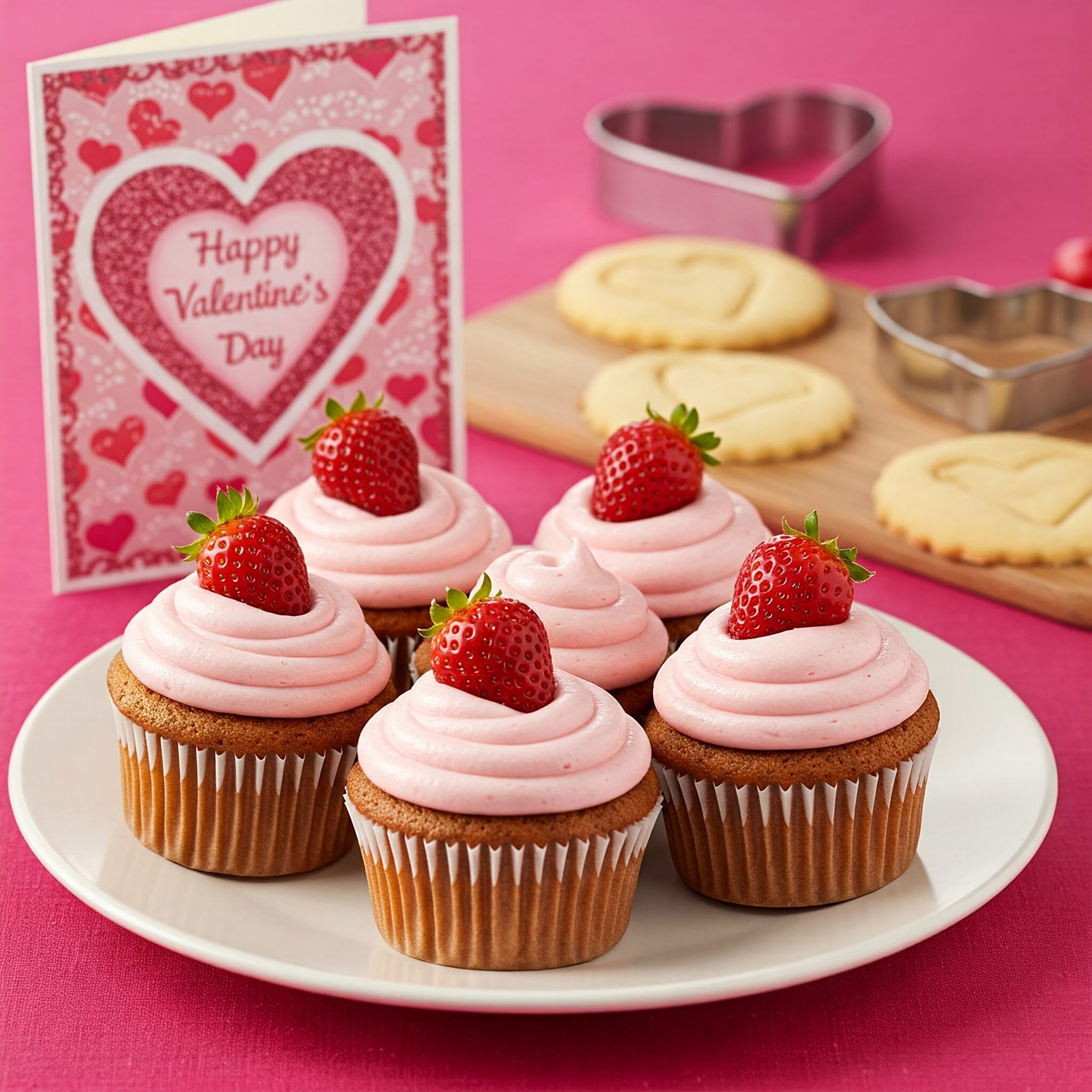 A delightful display of vegan strawberry cupcakes adorned with fresh strawberries and a Valentine's Day card.