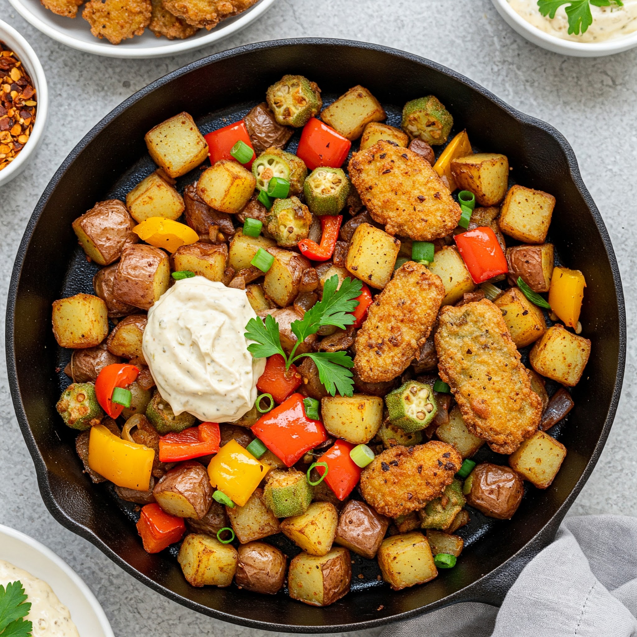 A skillet brimming with spicy Cajun hash on grits, accompanied by a bowl of rich sauce for a delightful Valentine's Day meal.