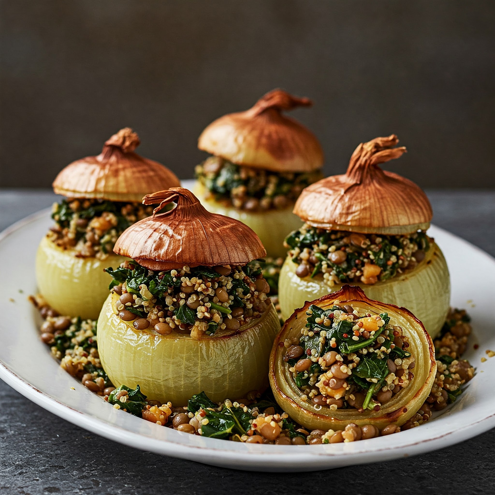 A plate of Provençal stuffed onions filled with lentils, quinoa, and kale, served alongside a portion of couscous.