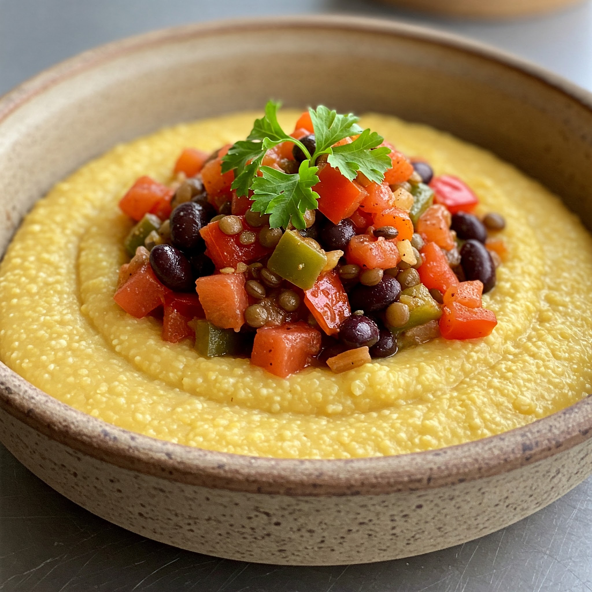 A bowl filled with black beans and corn, accompanied by a spoon, perfect for a spicy Cajun hash on grits.