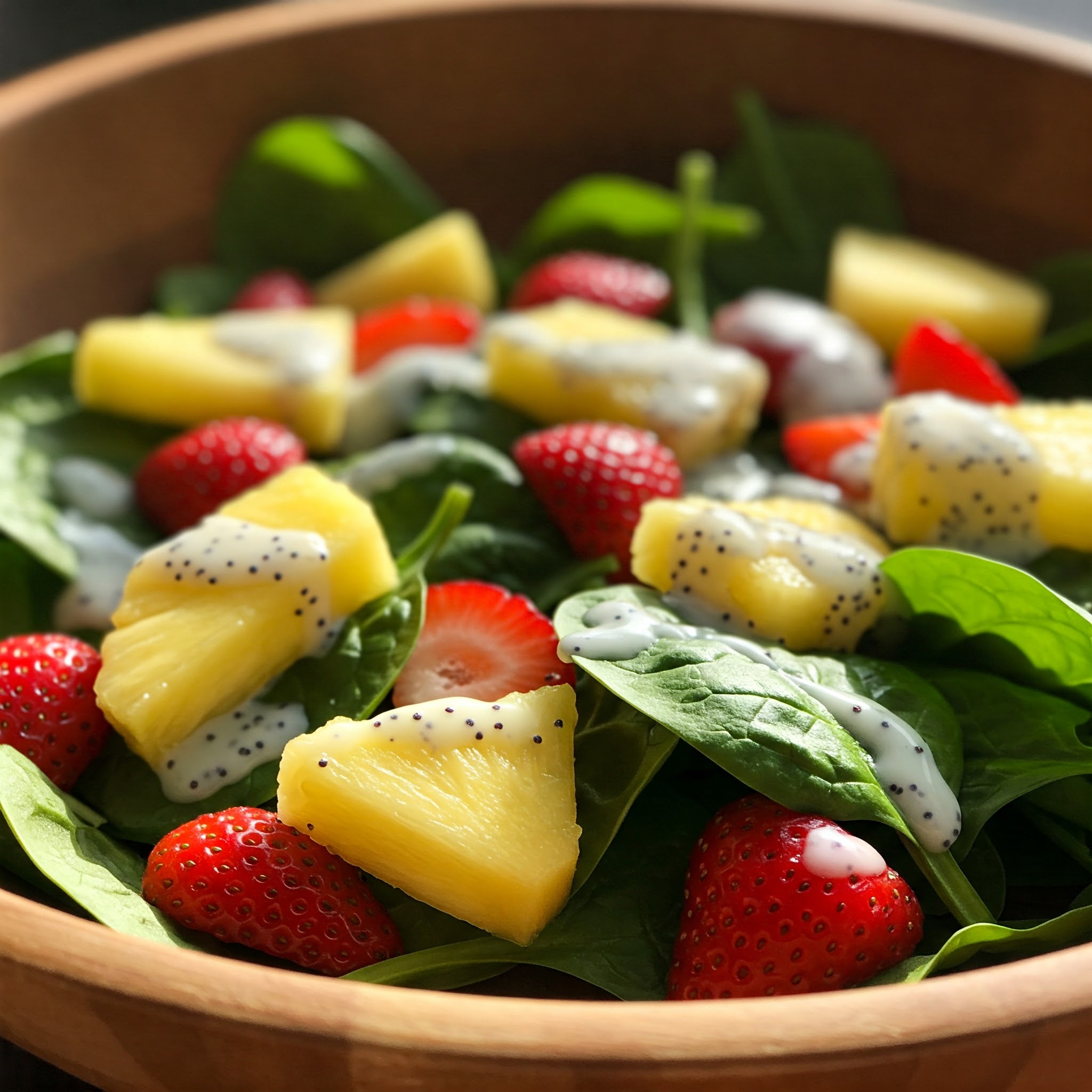 A vibrant bowl of Valentine’s Spinach, Pineapple, and Strawberry Salad drizzled with dressing, showcasing fresh ingredients.