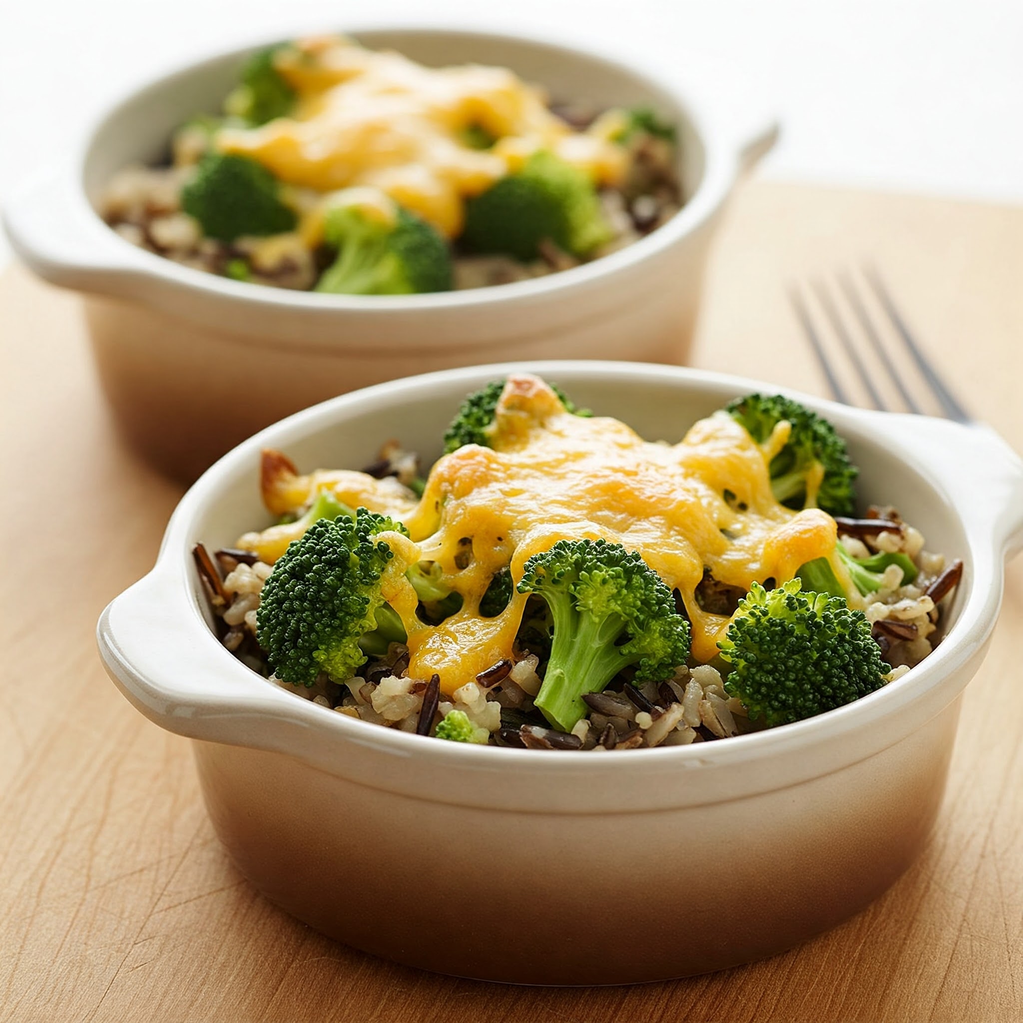 Two bowls of Individual Broccoli Wild Rice Casserole, perfect for a romantic Valentine's Day meal.