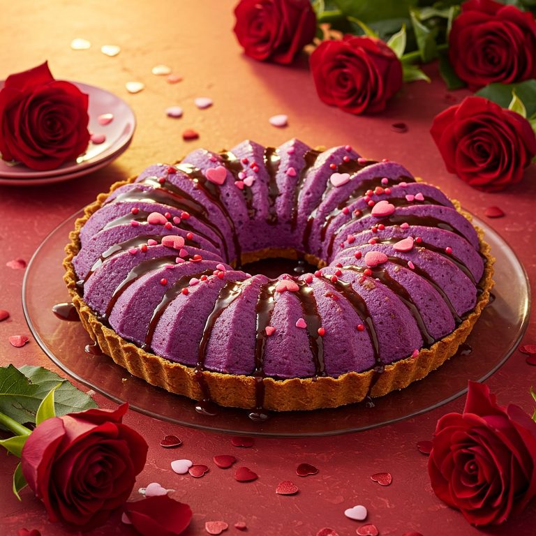 A purple cake topped with rich chocolate icing, perfect for celebrating Valentine's Day with The Great Purple Sweet Potato Pie.