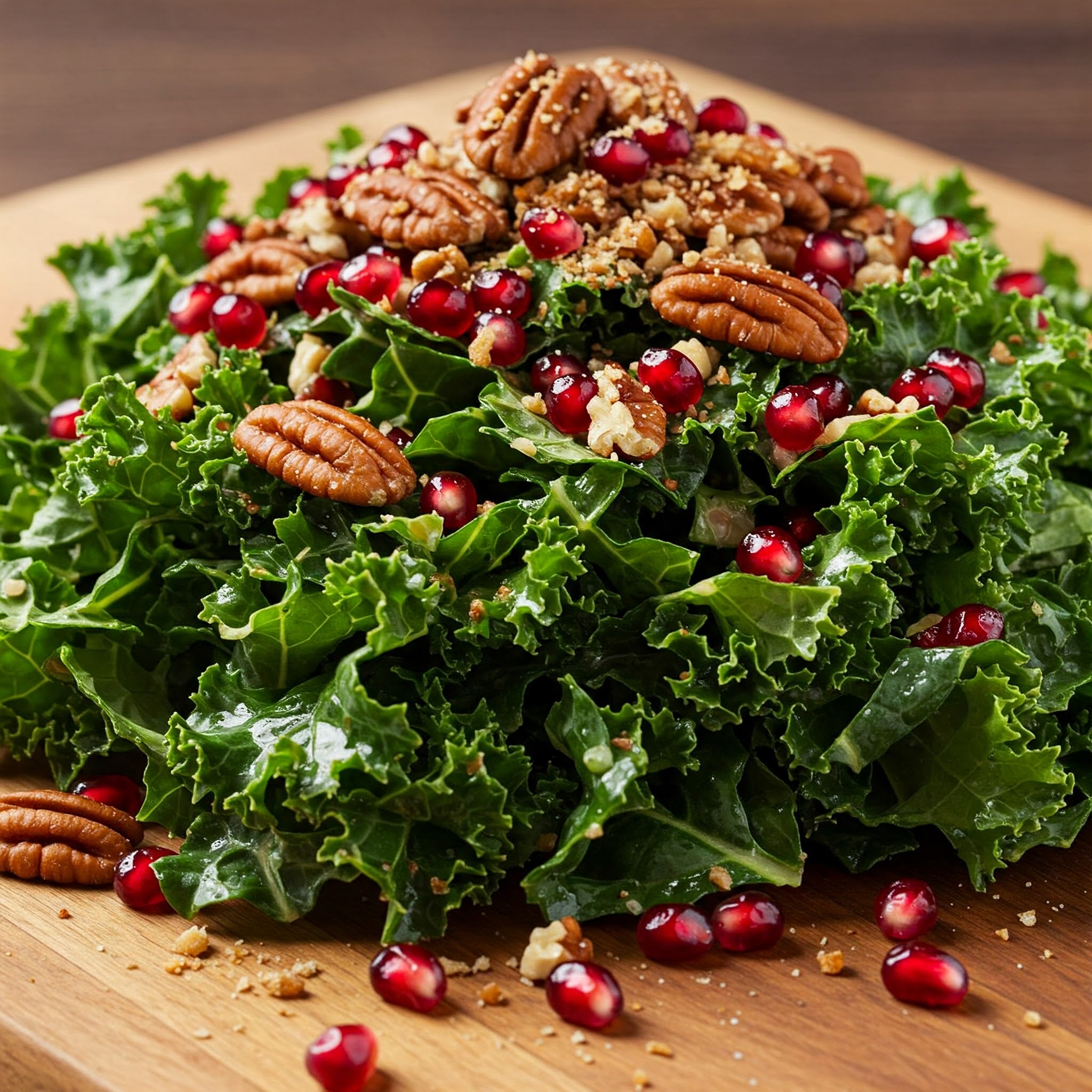 A vibrant cornucopia kale salad featuring nuts and pomegranates, beautifully arranged on a wooden cutting board.