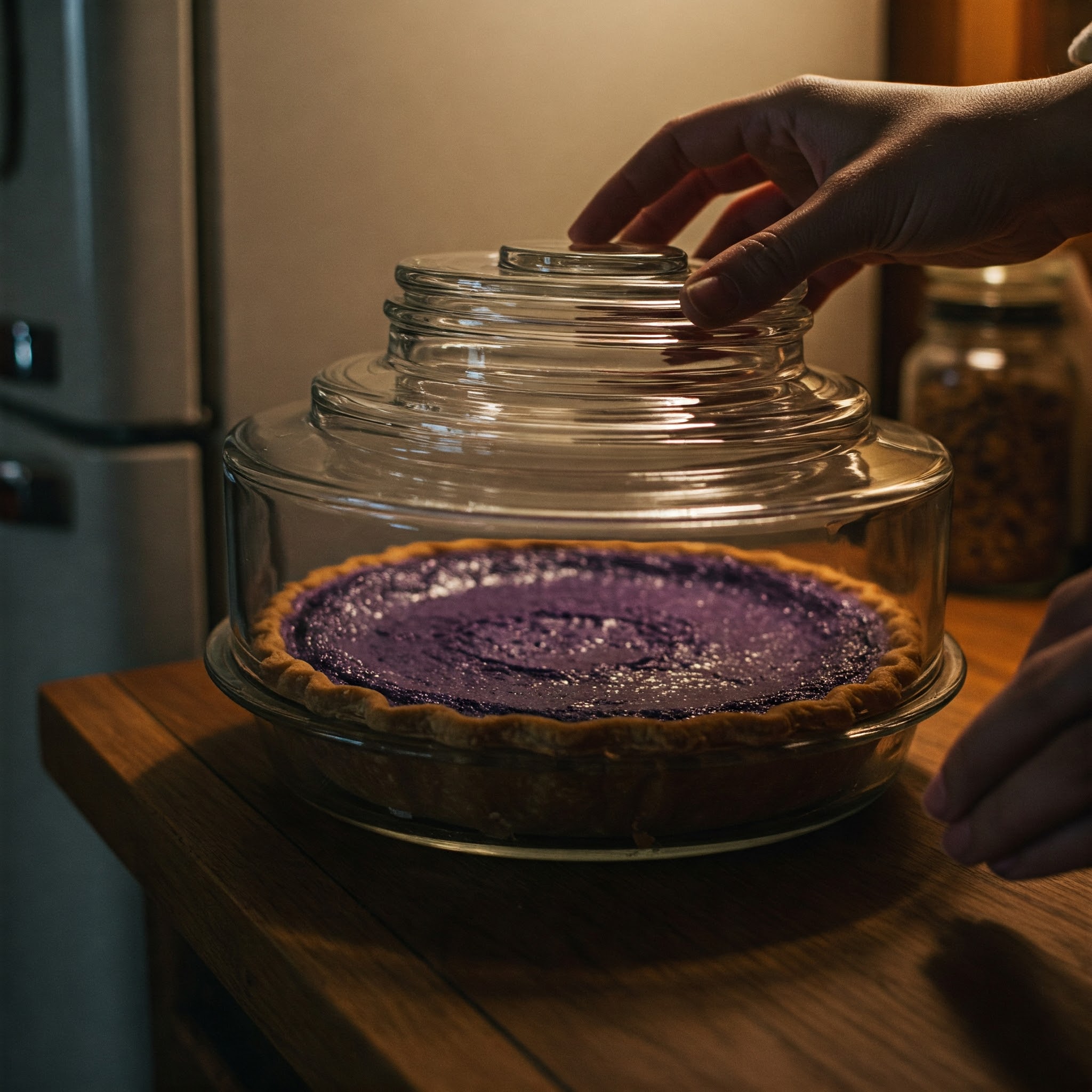 A person carefully places a vibrant purple sweet potato pie into a glass dish, perfect for a special Valentine's Day treat.