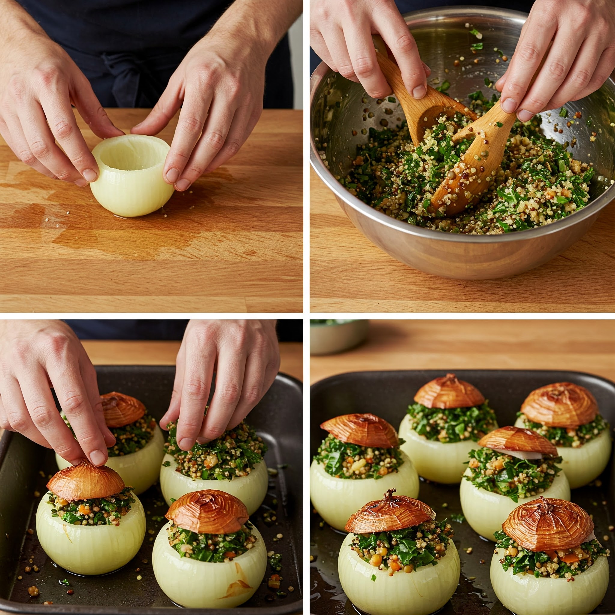 Four images illustrating the preparation of Provençal stuffed onions with lentils, quinoa, and kale for Valentine's Day.