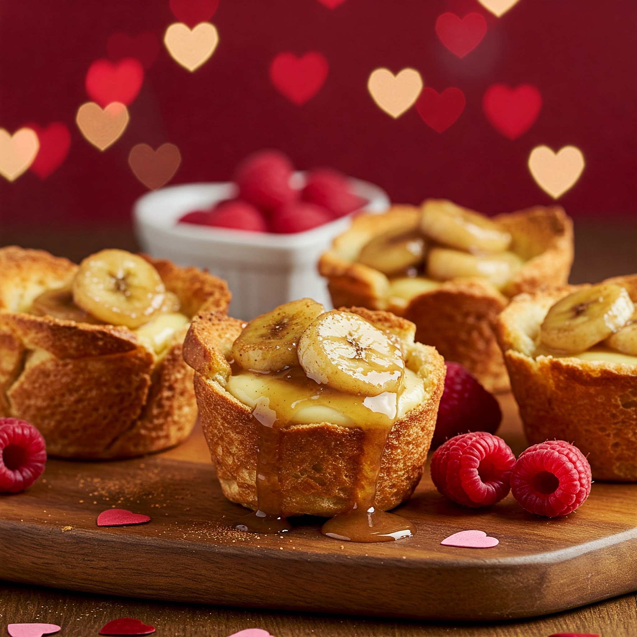 Valentine's French Toast Cups filled with bananas foster, garnished with ripe bananas and strawberries for a sweet treat.