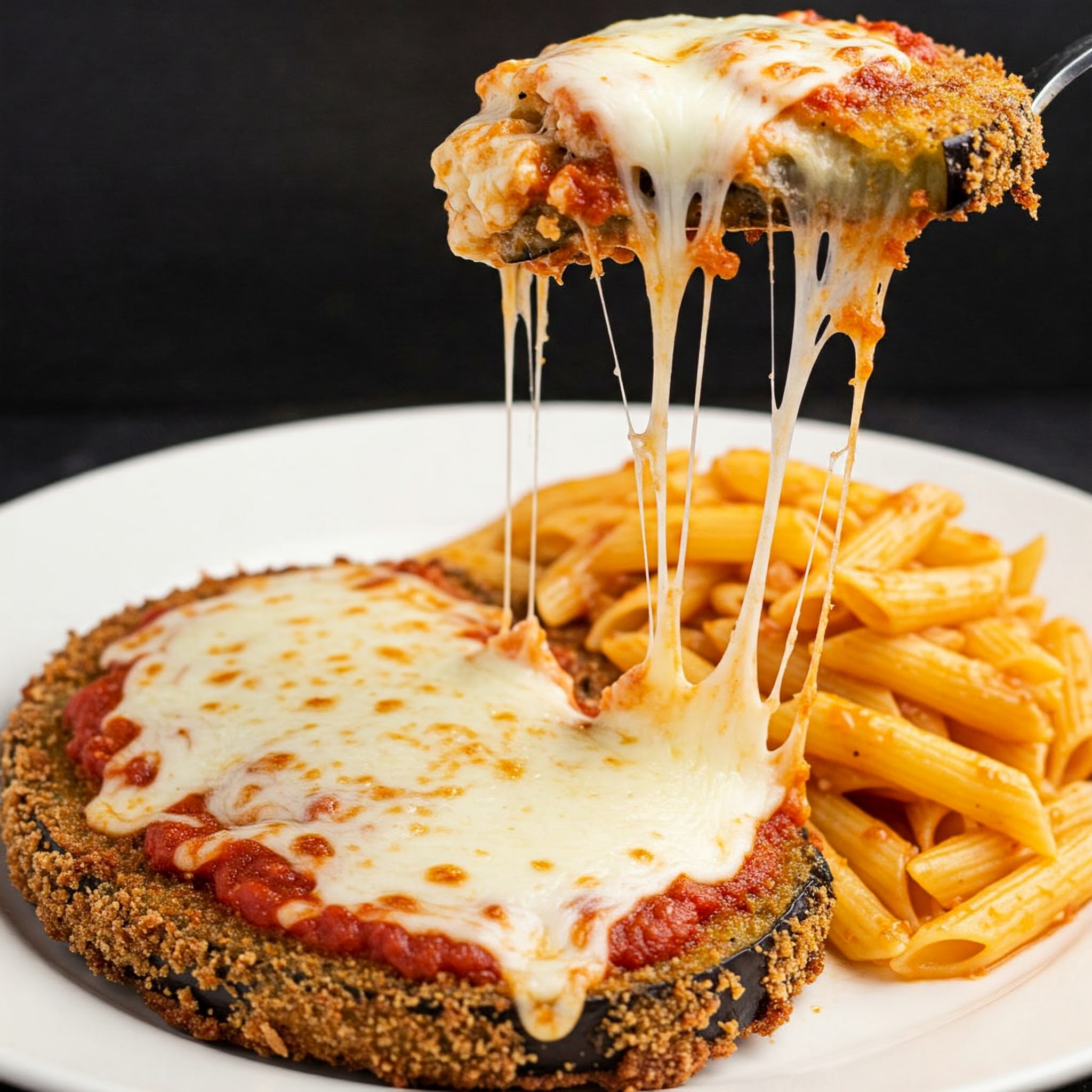 A plate featuring Air Fryer Eggplant Parmesan with Pasta, perfect for a romantic Valentine's Day meal.