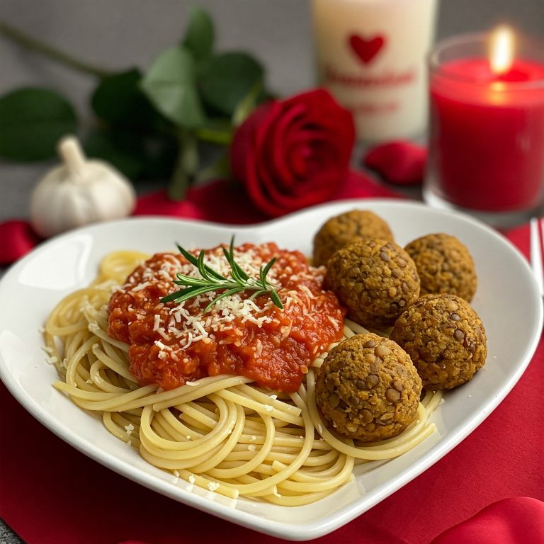 Vegan Spaghetti Recipe with Lentil Balls for Valentines Dinner A plate of vegan spaghetti topped with lentil balls and rich tomato sauce, perfect for a romantic Valentine's dinner.