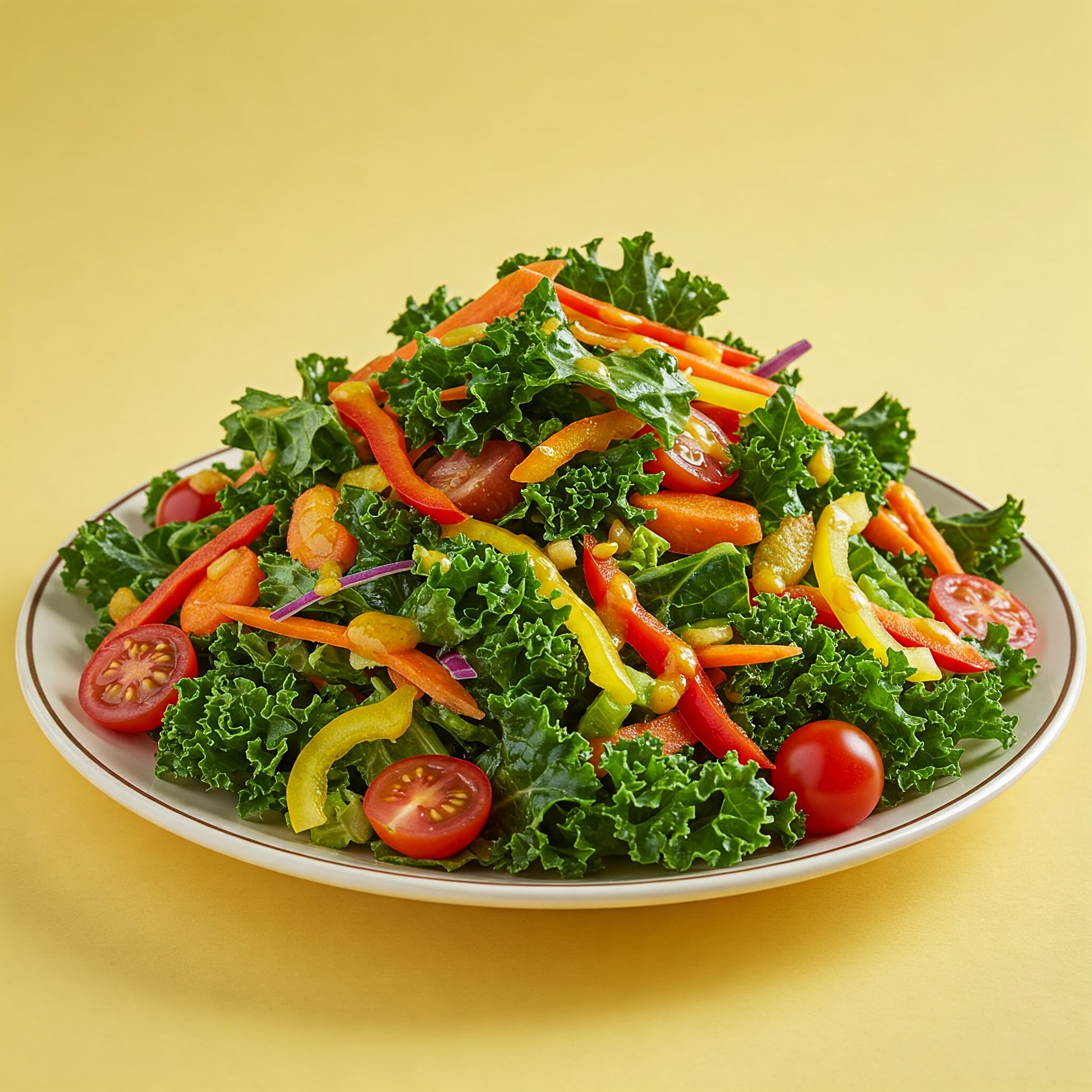 A vibrant plate of fresh vegetables, featuring a colorful cornucopia kale salad, perfect for a romantic Valentine's Day meal.