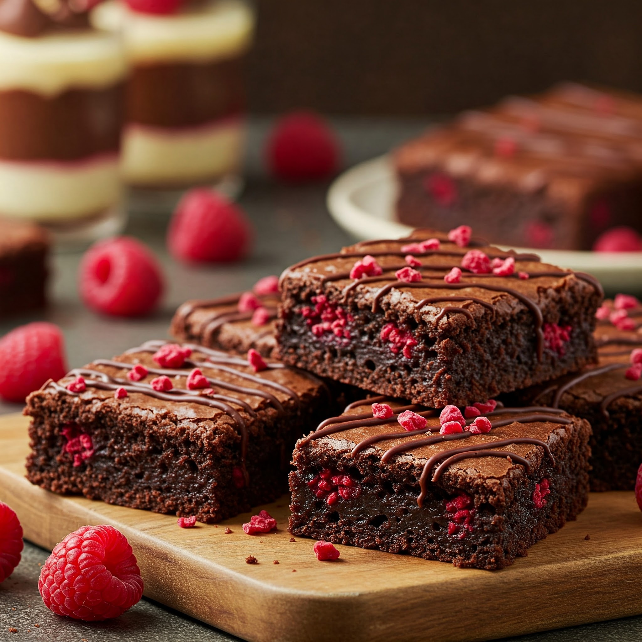 Chocolate brownies topped with fresh raspberries, elegantly arranged on a wooden cutting board for Valentine's Day.