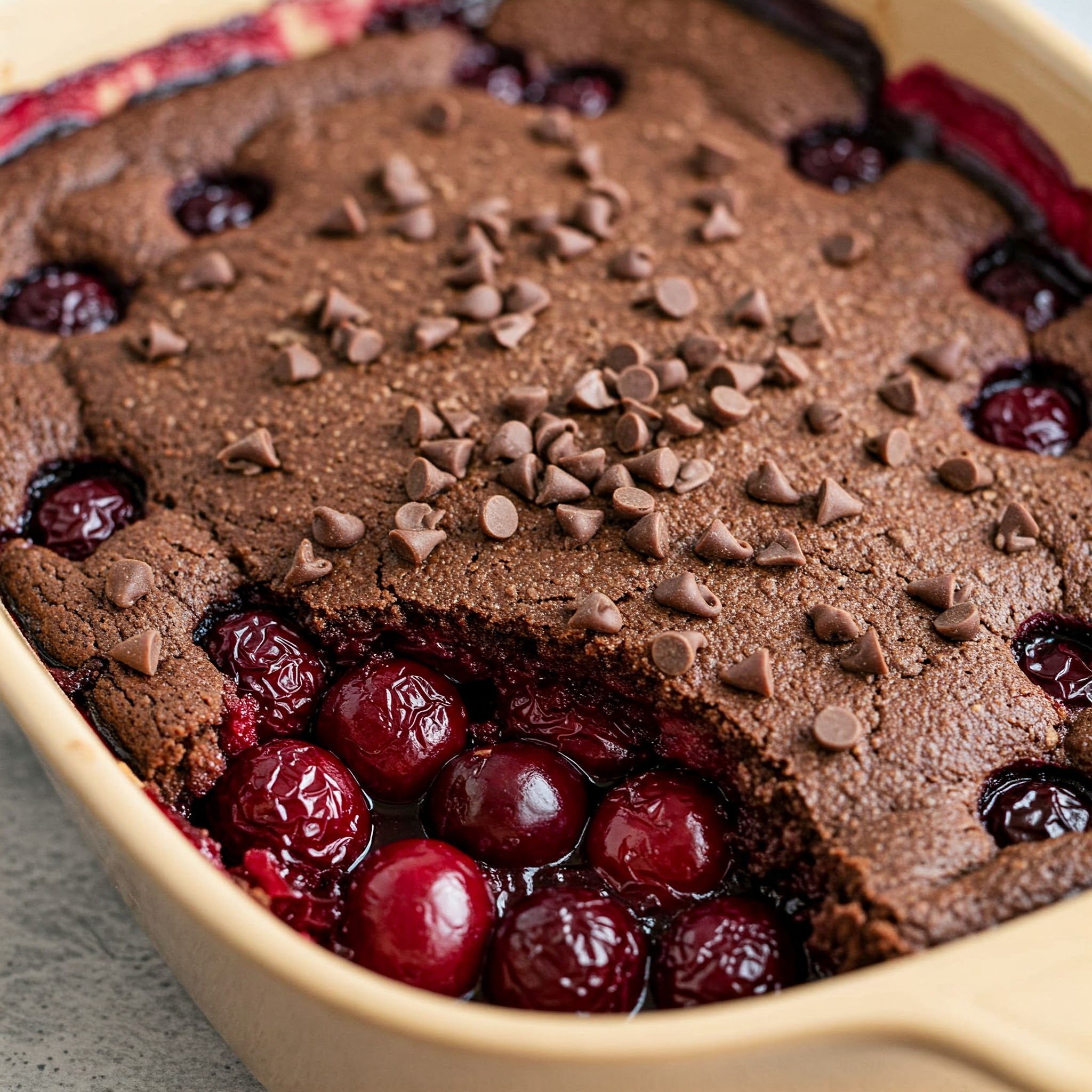 A chocolate cherry vegan cobbler in a baking dish, featuring rich brownies topped with fresh cherries for Valentine's Day.