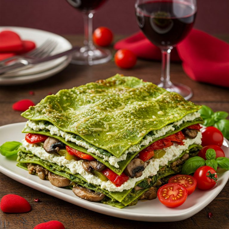 Best Lasagna Verde Recipe A plate of Vegan Lasagna Verde accompanied by a glass of wine, elegantly presented for Valentine's Day celebration.
