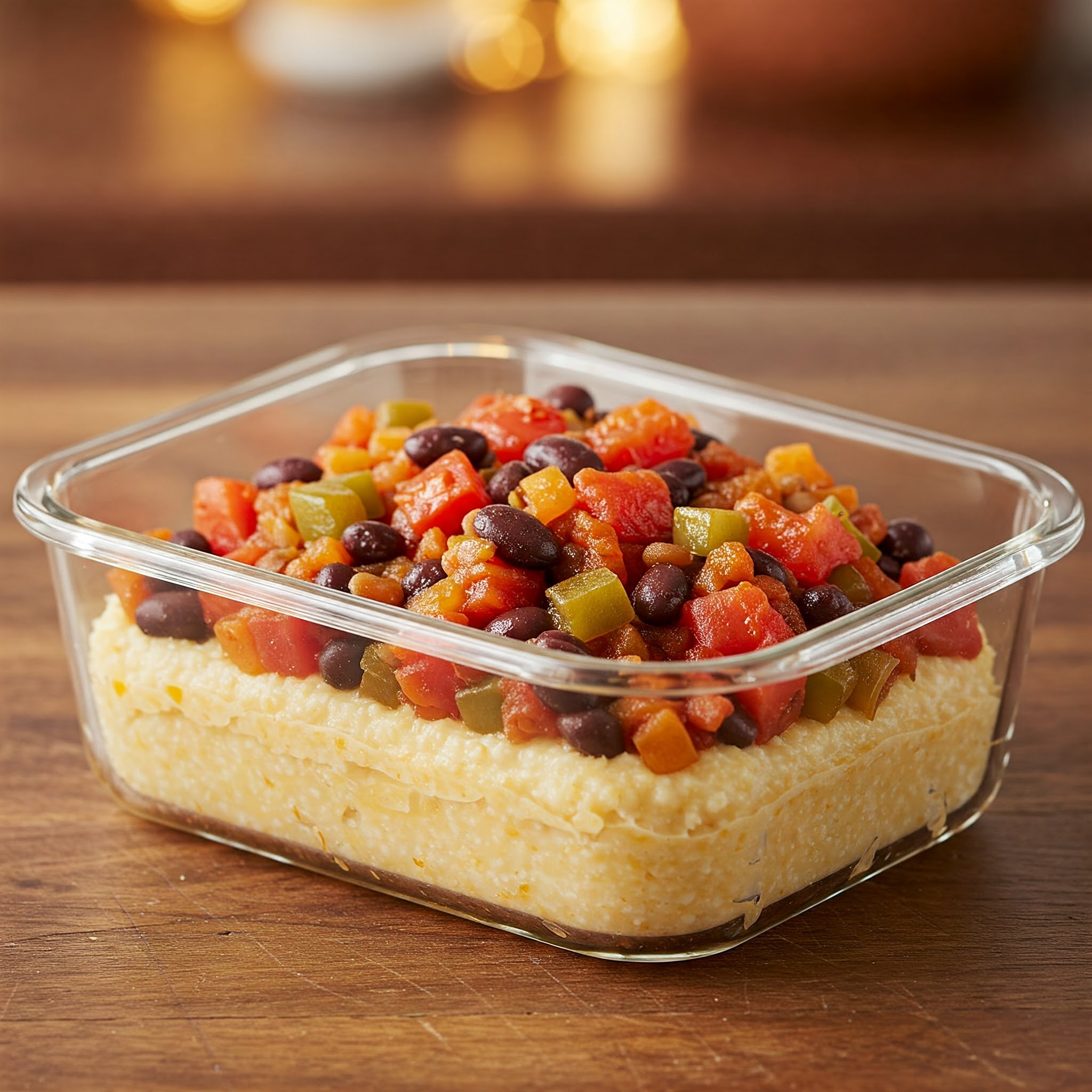 A vibrant dish of spicy Cajun hash served over creamy grits, perfect for a delightful Valentine's Day meal.