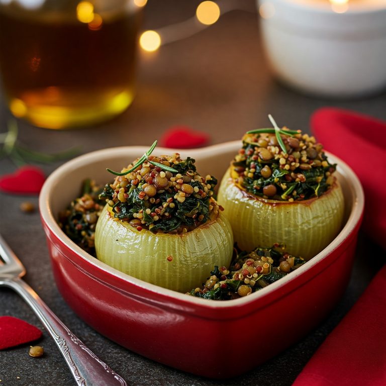 Easy Provencal Stuffed Onions Recipe A red bowl filled with Provençal stuffed onions, lentils, quinoa, and kale, perfect for a Valentine's Day meal.