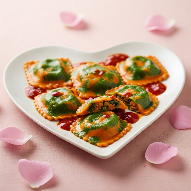 A heart-shaped plate featuring vegan kale and sweet potato ravioli topped with a rich sauce, perfect for Valentine's Day.