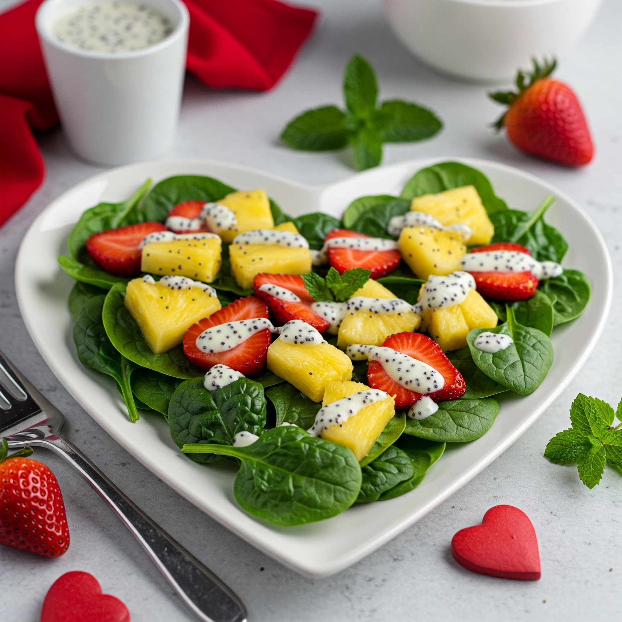 A heart-shaped plate featuring a vibrant salad of spinach, strawberries, and pineapple, perfect for Valentine's Day.